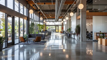 Inviting Industrial-Chic Open Plan Office with Eco-Friendly Furniture and Pendant Lighting