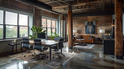Industrial Office Space with Brick Walls, Large Windows, and Modern Desk Setup - Productive Atmosphere
