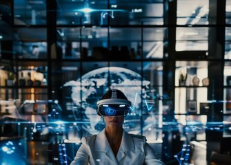 Woman with VR glasses in the virtual world - cyberspace and augmented reality - vr headset, vr goggles