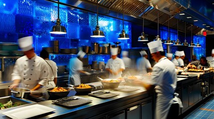 Obraz premium Busy professional chefs at work in a modern restaurant kitchen. culinary team preparing dishes with focus and teamwork. ambiance of gastronomy in action. AI