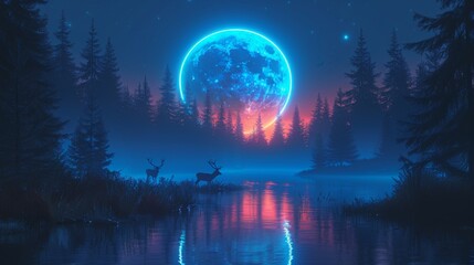 The futuristic scene features a dark natural forest scene with a reflection of moonlight in the water. Dark neon circle background, dark forest, deer.