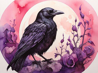 Black Crow and Full Moon in Pink and Purple Watercolor 