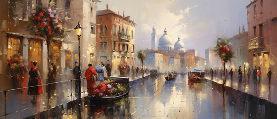 Streets of Venice. Oil painting picture - obrazy, fototapety, plakaty