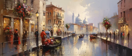 Papier Peint photo Gondoles Streets of Venice. Oil painting picture