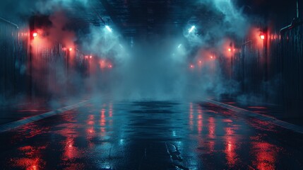In the following images, you will find a dark street, wet asphalt, rays reflected in the water, smoke, smog, neon lights, spotlights, a concrete floor, and an abstract dark blue background. - obrazy, fototapety, plakaty