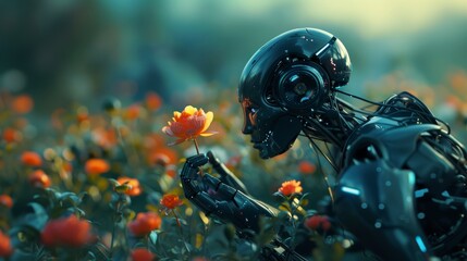 Glossy black android touching an orange flower, set against a field of vibrant blooms