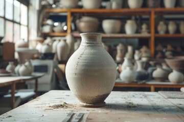 Fototapeta na wymiar Unfinished pottery vase on workbench in ceramics workshop.