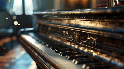 Elegant grand piano in a dimly lit room, captured up close. timeless instrument, evokes nostalgia and artistry. perfect for classic music themes. AI