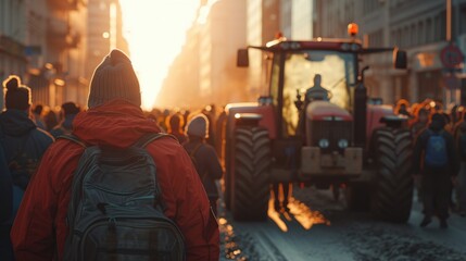 City Protest Against Agricultural Policies,  person in red jacket faces a tractor amid a crowd in a city street protest against agricultural reform, during sunset - obrazy, fototapety, plakaty