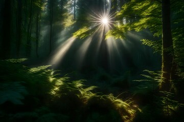 A sunbeam breaking through thick greenery in a mysterious jungle.
