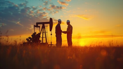 Energy Industry Professionals Handshake at Sunset, Two engineers in hard hats shake hands in the foreground of an oil rig, silhouetted against a vivid sunset, symbolizing successful collaboration