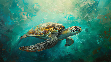 Fototapeta premium Sea turtle splashing in the ocean waters
