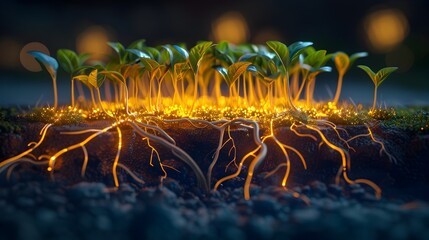 Glowing Plant Roots in Organic Farming Concept