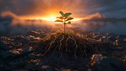 Tree Growing out of Rocks with Sunset Pattern