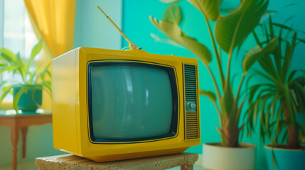 Old retro TV in a room in daylight. Escapism, romanticization of the past, candy-style nostalgia. Television and retro technology concept