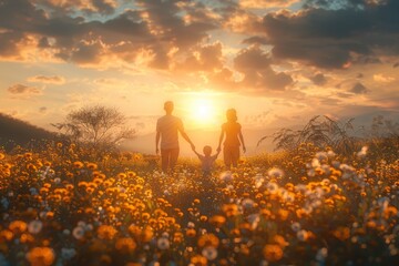 father and little son walking in field at sunset