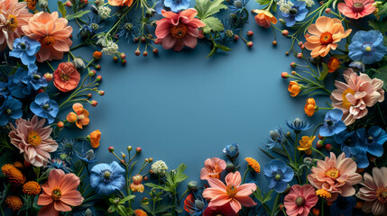 Bright summer flowers on a blue background with space for text, top view.