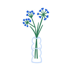 Spring flower in glass vase. Summer floral plant, gentle fragile wildflowers stems in water. Blossomed field blooms. Natural interior decor. Flat vector illustration isolated on white background
