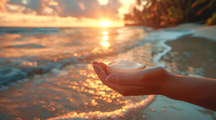 A female hand holds bottle cream on a background of sunset near the ocean.