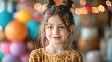 Fototapeta premium Portrait of a cute little girl on a blurred background with balloons.