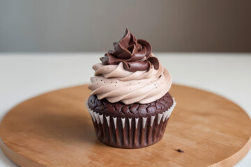 Chocolate Cupcake With Swirled Frosting on a Simple Wooden Tray