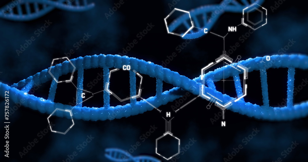 Sticker Image of dna rotating over chemical formulas on black background