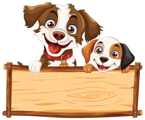 Two cartoon dogs holding a wooden sign.