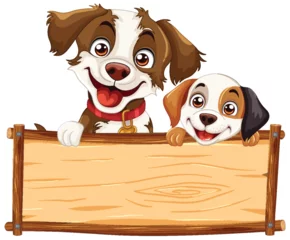 Acrylic prints Kids Two cartoon dogs holding a wooden sign.