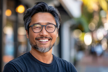 A man with glasses is smiling and wearing a blue shirt. He is standing in front of a building with a backpack on his back. Happy satisfied asian man wearing glasses portrait outside. - obrazy, fototapety, plakaty