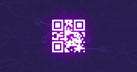 Image of neon qr code and connections on violet background