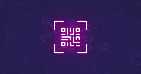 Image of neon qr code and connections on violet background