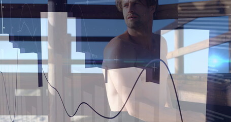 Image of digital data processing over caucasian surfer