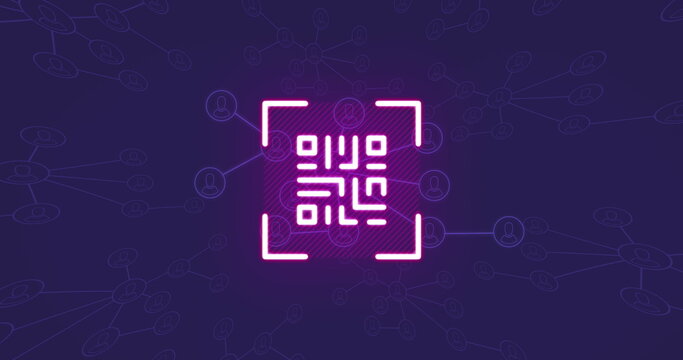 Image of neon qr code and connections on violet background
