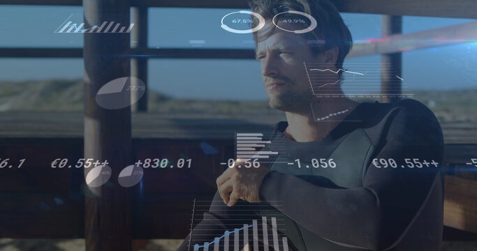 Image of digital data processing over caucasian surfer - Powered by Adobe