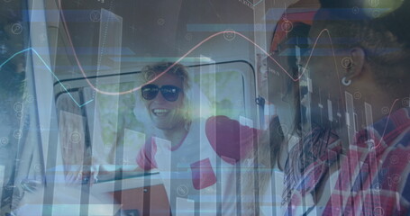 Image of graphs over happy diverse friends in car