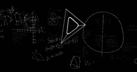 Image of set square icon over mathematical equations on black background