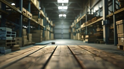 Empty warehouse interior, wooden floor leading into depth. calm, spacious storage area. suitable for background or concept visualization. modern logistics facility ambiance. AI - obrazy, fototapety, plakaty