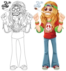 Foto op Canvas Colorful, cheerful hippie with peace symbols and joint. © GraphicsRF