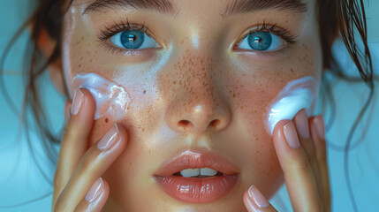 Young attractive woman applying cream to her face, close-up.