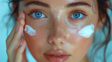 Young attractive woman applying cream to her face, close-up.
