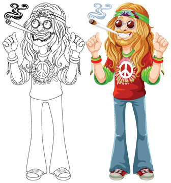 Colorful, cheerful hippie with peace symbols and joint.