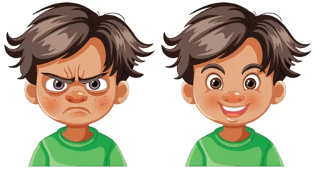 Rolgordijnen Vector illustration of contrasting emotions on boy's face © GraphicsRF