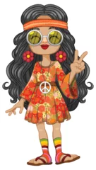 Foto auf Glas Cartoon of a girl dressed in vibrant hippie attire. © GraphicsRF