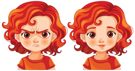 Illustration of a girl showing anger and happiness.