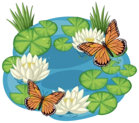 Tuinposter Vector illustration of butterflies over a tranquil pond © GraphicsRF
