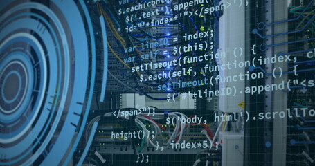 Image of data processing and text over server room