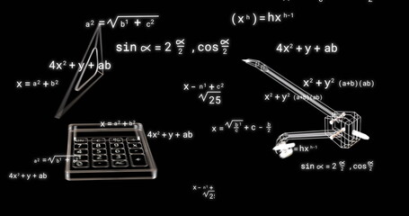 Image of school icons over mathematical equations on black background
