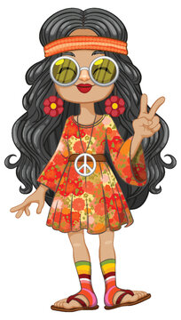 Cartoon of a girl dressed in vibrant hippie attire.