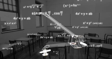 Image of compass icon and mathematical equations over empty classroom - 757826711