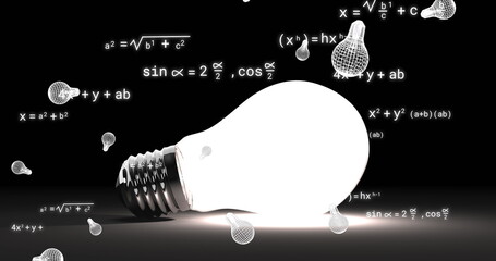 Image of light bulb icons and mathematical equations over light bulb on black background